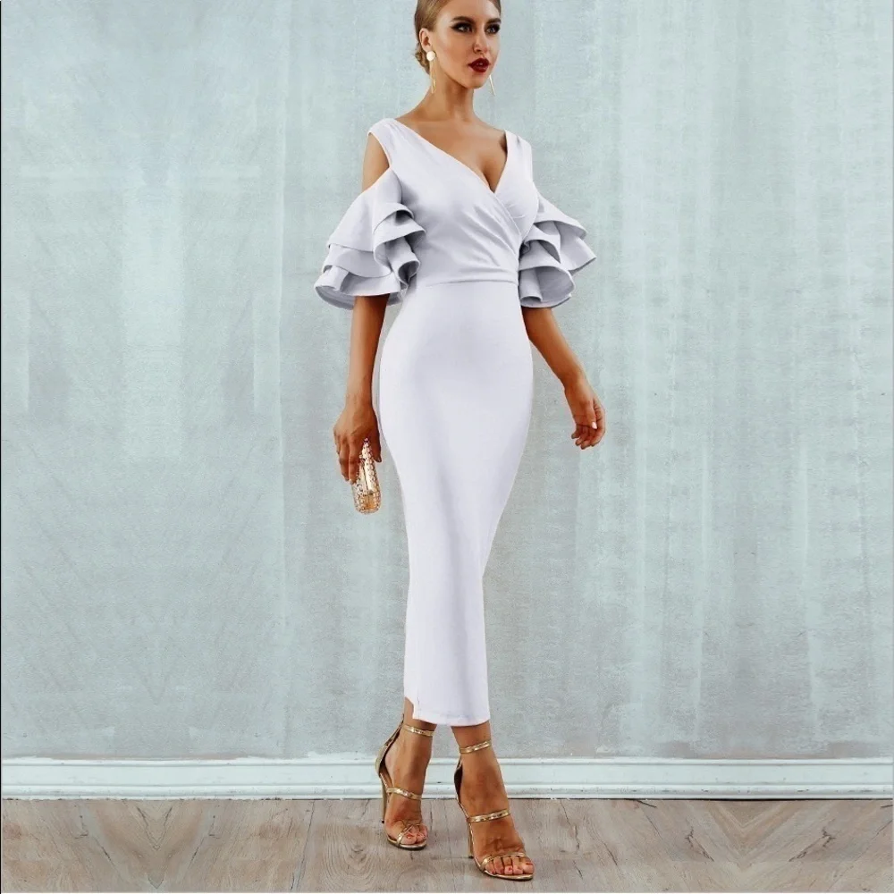 Bodycon Club Dress Sexy Deep V Neck Ruffles Butterfly Short Sleeve Midi size M